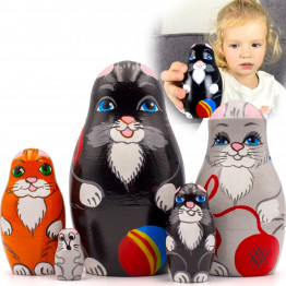Cat Nesting Dolls for Kids Set 5 pcs - Miniature Russian Doll as Cat Figurines