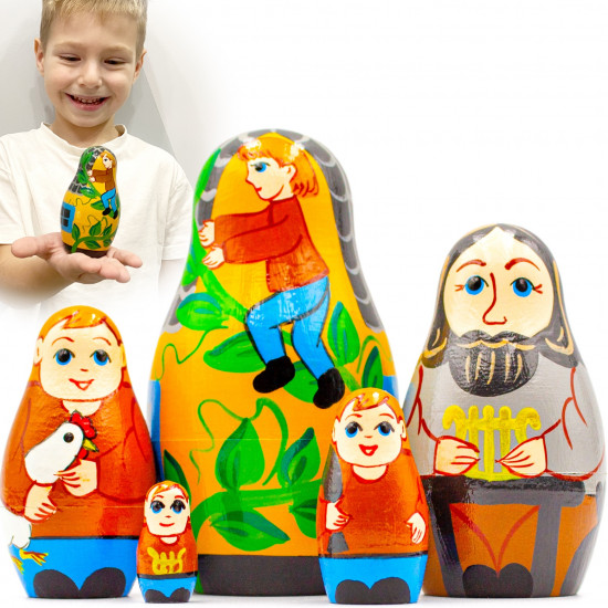 Jack and the Beanstalk Nesting Dolls – Hand-Painted Wooden Toy Set of 5 Pics