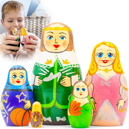 Cinderella Nesting Dolls Set – 5 Hand-Painted Wooden Figures – Fairy Tale Montessori Toy Gift