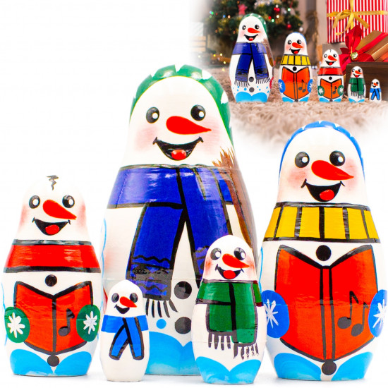 Wooden Nesting Dolls 5-Piece Snowman Set Hand-Painted Natural Wood Winter Holiday Gift