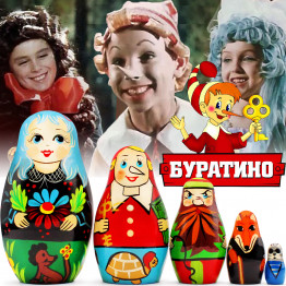 Buratino Nesting Dolls Set – 5 Handcrafted Wooden Figures – Eco-Friendly Fairy Tale Toy Gift