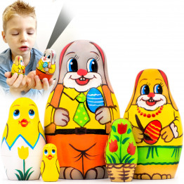 Easter Nesting Dolls Set of 5 – Hand-Painted Wooden Matryoshka Featuring Bunnies and Chicks
