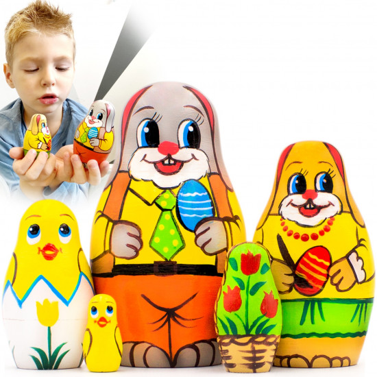 Easter Nesting Dolls Set of 5 – Hand-Painted Wooden Matryoshka Featuring Bunnies and Chicks