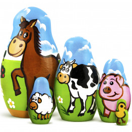 Farm Animals Set 5 Pcs Wood Nesting Dolls - Pet Figurine Set Wooden Matryoshka