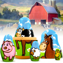 Farm Animals Set 5 Pcs Wood Nesting Dolls - Pet Figurine Set Wooden Matryoshka