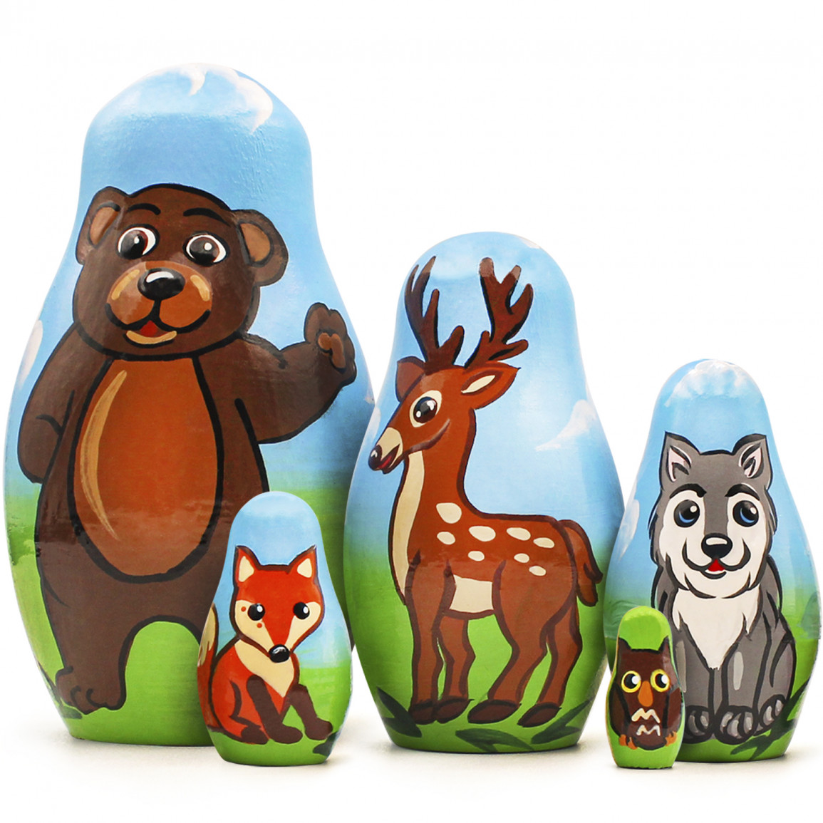5-Piece Forest Animal Nesting Dolls – Wooden Eco Toy for Kids –  Hand-Painted Set