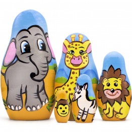 African Animals Set 5 Piece Wood Nesting Dolls - Safari Figurine Set Wooden Matryoshka