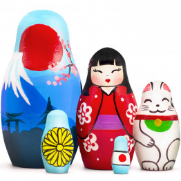 Japanese Nesting Dolls Set of 5 pcs - Wooden Kokeshi Dolls for Japanese Decor