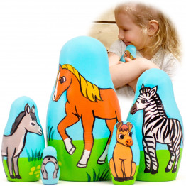 Nesting Dolls Horses Set of 5 pcs - Handmade Wooden Animals Figurines - Gifts for Horse Lovers