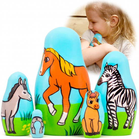 Nesting Dolls Horses Set of 5 pcs - Handmade Wooden Animals Figurines - Gifts for Horse Lovers