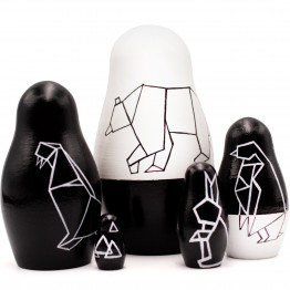Origami Style Black and White Nesting Dolls Set of 5 pcs - Black Decor Geometric Animals