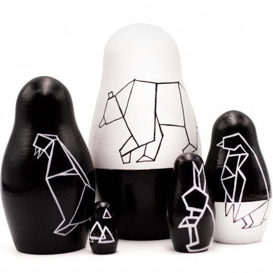 Origami Style Black and White Nesting Dolls Set of 5 pcs - Black Decor Geometric Animals