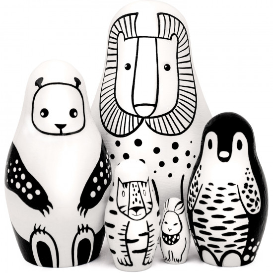 Black and White Animals Nesting Dolls Set of 5 pcs - Russian Black and White Toys