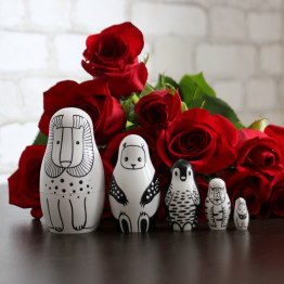 Black and White Animals Nesting Dolls Set of 5 pcs - Russian Black and White Toys