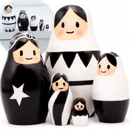 Black and White Russian Nesting Dolls - Set of 5 pcs - Modern Graphic Pattern