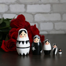 Black and White Russian Nesting Dolls - Set of 5 pcs - Modern Graphic Pattern