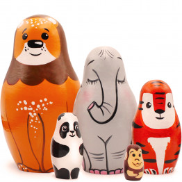 Wooden Nesting Dolls Set Exotic Animals 5 in 1 Hand Painted Lion Elephant Tiger Panda Monkey