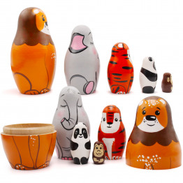 Wooden Nesting Dolls Set Exotic Animals 5 in 1 Hand Painted Lion Elephant Tiger Panda Monkey