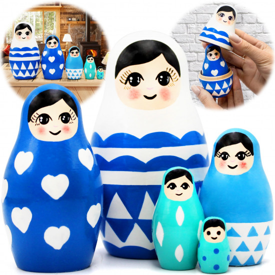 Blue Nesting Dolls Set of 5 pcs - Russian Dolls Blue Nursery Decor for Boys