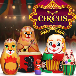 Clown Russian Circus Nesting Dolls Set of 5 - Handmade Circus-themed Wooden Matryoshka Doll