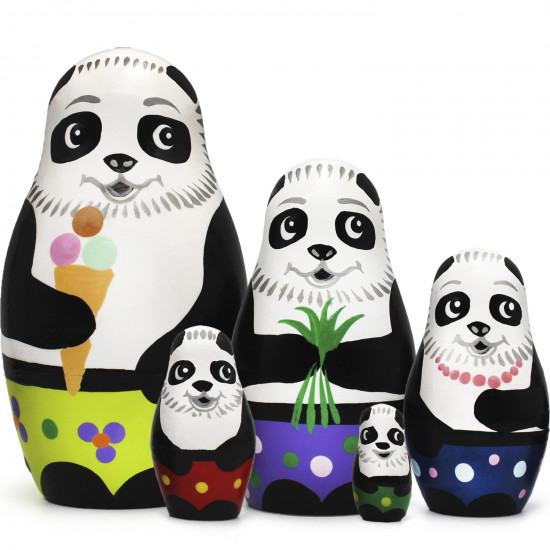 Handmade Panda Nesting Doll Set - 5 Piece Mini Hand Painted Matryoshka Wooden Russian Dolls
