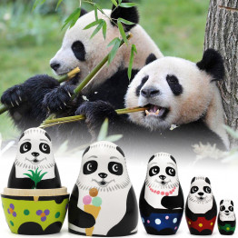 Handmade Panda Nesting Doll Set - 5 Piece Mini Hand Painted Matryoshka Wooden Russian Dolls