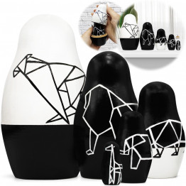 Set 5 pcs Black and White Nesting Dolls - Geometric Style African Animal Figurines