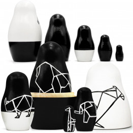 Set 5 pcs Black and White Nesting Dolls - Geometric Style African Animal Figurines