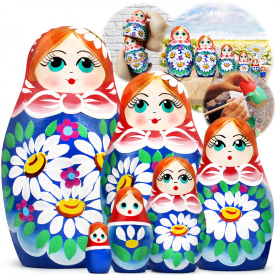 Traditional Russian Nesting Dolls Set 6 pcs - Russian Doll with Hand Painted Chamomile Flowers
