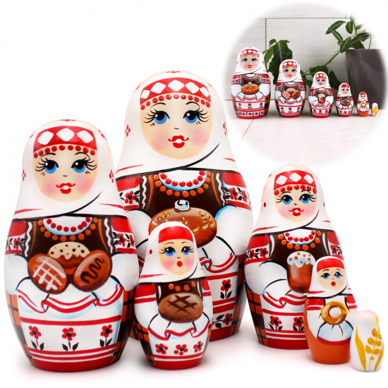 Traditional Russian Matryoshka Dolls – 6 Wooden Nesting Dolls with Slavic Symbols and Bread