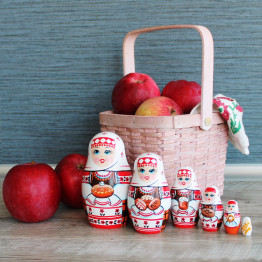 Traditional Russian Matryoshka Dolls – 6 Wooden Nesting Dolls with Slavic Symbols and Bread