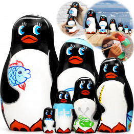 Hand-Painted Penguins Wooden Nesting Dolls – Set of 6 Penguin Figurines – Winter Holiday Gift