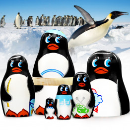 Hand-Painted Penguins Wooden Nesting Dolls – Set of 6 Penguin Figurines – Winter Holiday Gift