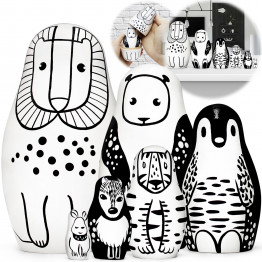 Set of black and white nesting dolls with animals, 6 pcs.