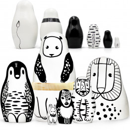 Set of black and white nesting dolls with animals, 6 pcs.