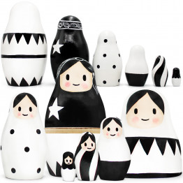 Black and White Nesting Dolls Set 6 pcs - Striped Room Decor