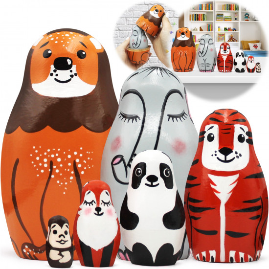 Animals Wooden Nesting Dolls Set of 6 pcs - Russian Matryoshka Lion Elephant Tiger Panda Monkey