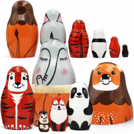 Animals Wooden Nesting Dolls Set of 6 pcs - Russian Matryoshka Lion Elephant Tiger Panda Monkey