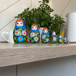 Wooden Nesting Doll in a Sarafan with Gerberas – Set of 7 Pieces