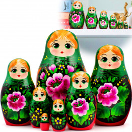 Matryoshka Nesting Dolls in Green Head Scarf and Sarafan with Pink Rose Decorations Set of 7 pcs