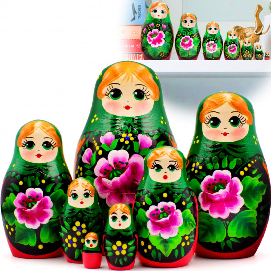 Matryoshka Nesting Dolls in Green Head Scarf and Sarafan with Pink Rose Decorations Set of 7 pcs