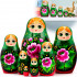 Matryoshka Nesting Dolls in Green Head Scarf and Sarafan with Pink Rose Decorations Set of 7 pcs