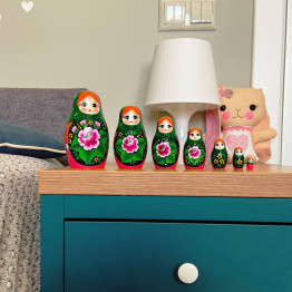 Matryoshka Nesting Dolls in Green Head Scarf and Sarafan with Pink Rose Decorations Set of 7 pcs
