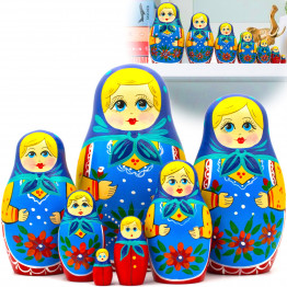 Wooden Matryoshka Dolls with Blue Head Scarf and Sarafan Dress Set of 7 pcs