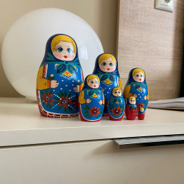 Wooden Matryoshka Dolls with Blue Head Scarf and Sarafan Dress Set of 7 pcs