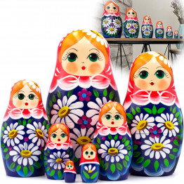 Russian Matryoshka Dolls Set of 7 pcs - Nesting Dolls in Sarafan Dress with Bouquet of Chamomile Flowers