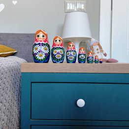 Russian Matryoshka Dolls Set of 7 pcs - Nesting Dolls in Sarafan Dress with Bouquet of Chamomile Flowers