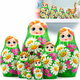 Russian Nesting Dolls Set of 7 pcs - Matryoshka Dolls in Summer Dress with Chamomile Flower Decorations