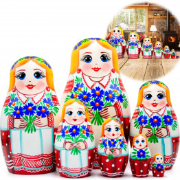 Belorussian Nesting Dolls in Folk Dress Set of 7 pcs- Cornflowers Flowers Decor