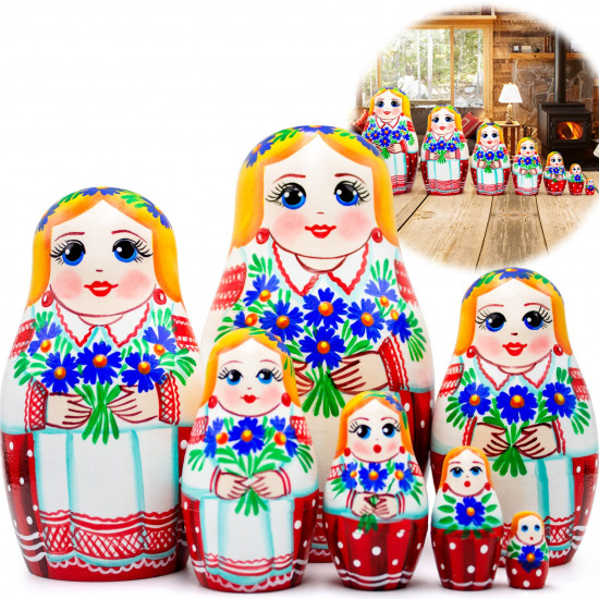 Belorussian Nesting Dolls in Folk Dress Set of 7 pcs- Cornflowers Flowers Decor